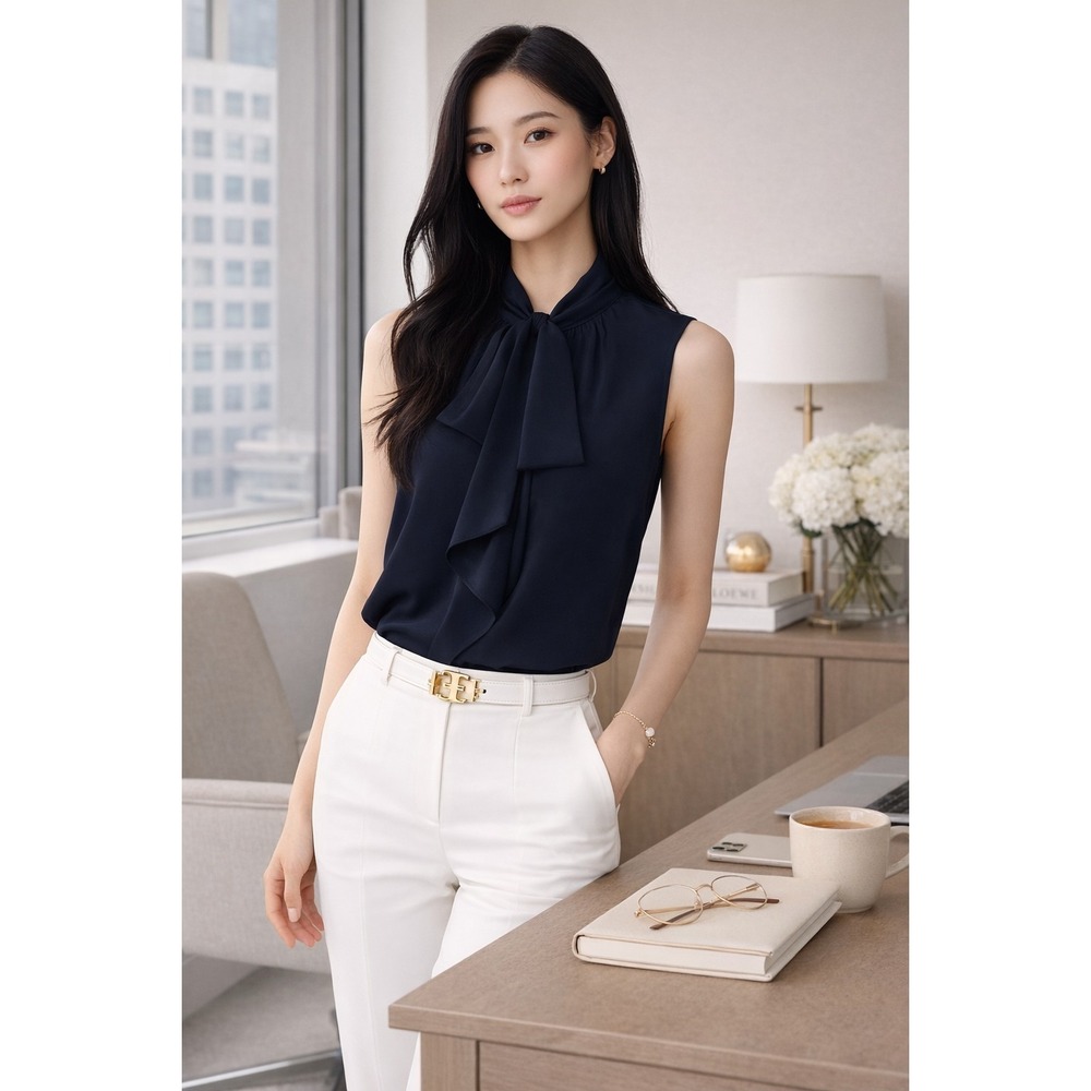 Tory Burch Sleeveless Bow Blouse Top Navy Blue Women's Size 12 NWT‎ Tie-Neck
